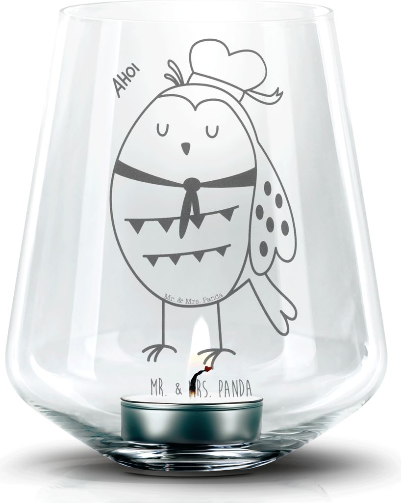 Mr. & Mrs. Panda Teelichthalter Eule Matrose - Transparent - Geschenk, Kapitän, Kerzenhalter, Laterne, Ehe, Glas Windlicht, Owl, gravur, Boot fahr...