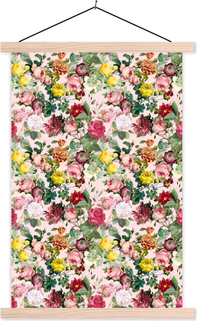 MuchoWow Textilposter Rosen - Blumen - Collage - Gelb 120x180 cm mit holzfarbenen Rahmen - Textil-Plakat