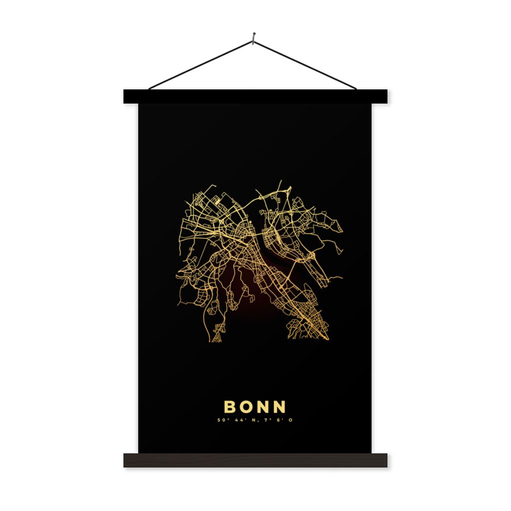 MuchoWow Textilposter Karte - Bonn - Gold - Stadtplan 60x90 cm mit schwarzem Rahmen - Poster Wohnzimmer
