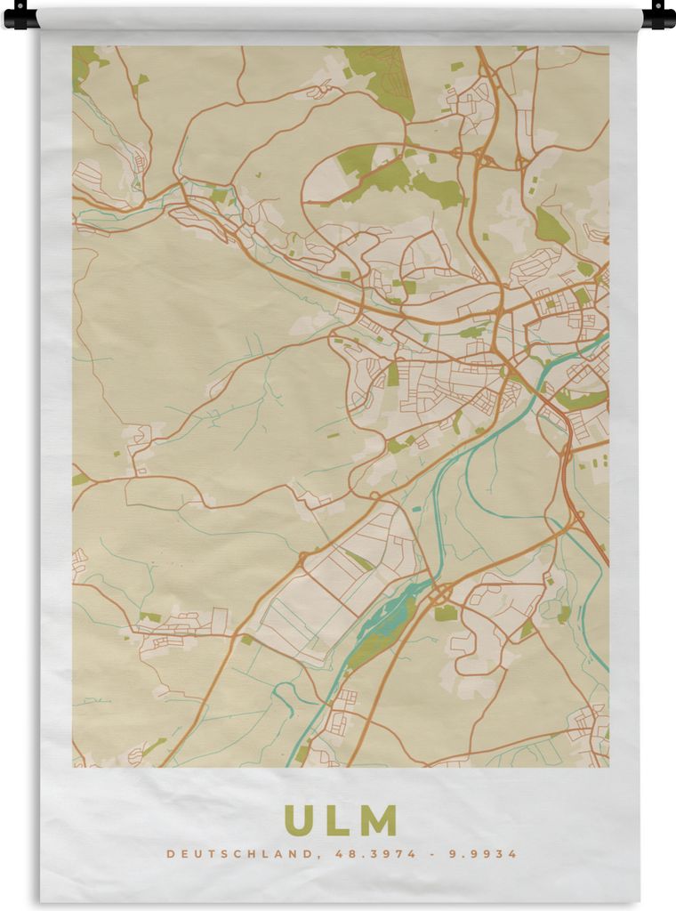 MuchoWow Wandteppich Wandbehang Ulm - Karte - Vintage - Stadtplan 60x90 cm Tapisserie Dekoration Wandtuch - Foto-Teppich - Abwaschbar