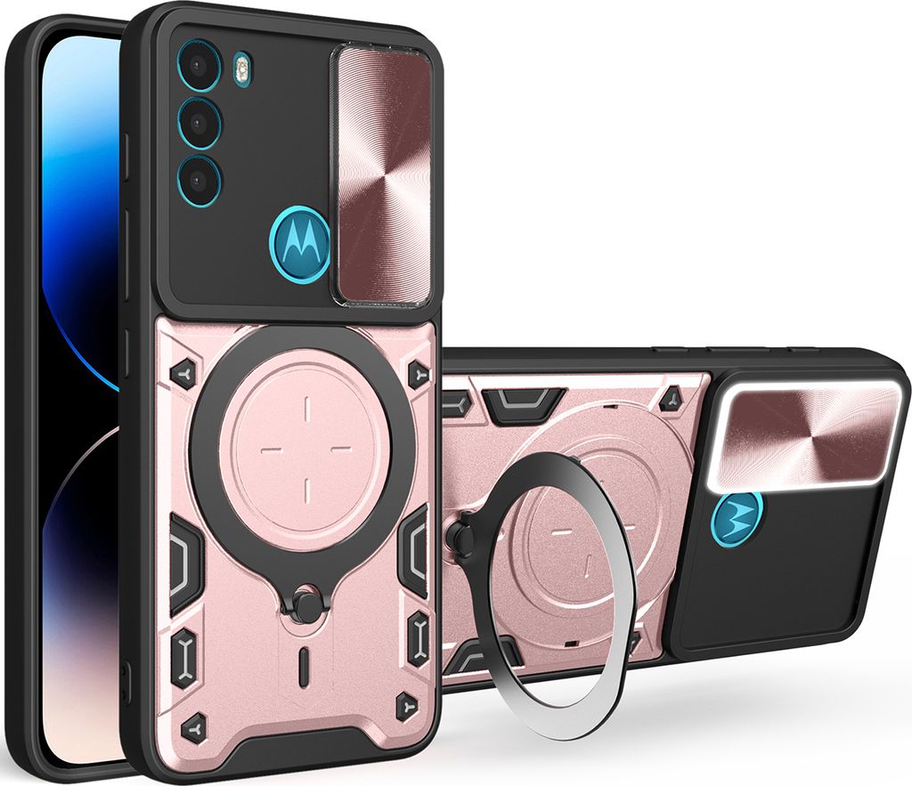 Handyhülle für Motorola Moto G71 5G Dual-Layer Stoßfest Rüstung Hülle mit Dia Kameraschutz und Kreisförmig Ring Ständer Roségold
