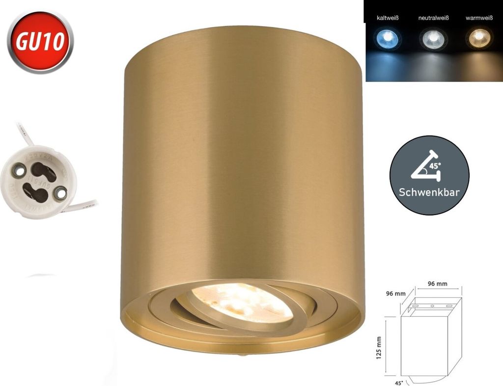 Deckenleuchte GAMA-SS Aufbaustrahler Aufputz 96x96mm Strahler Schwenkbar 45° Rund Gold aus Aluminium mit Fassung GU10 5W LED Leuchtmittel Kaltweiß
