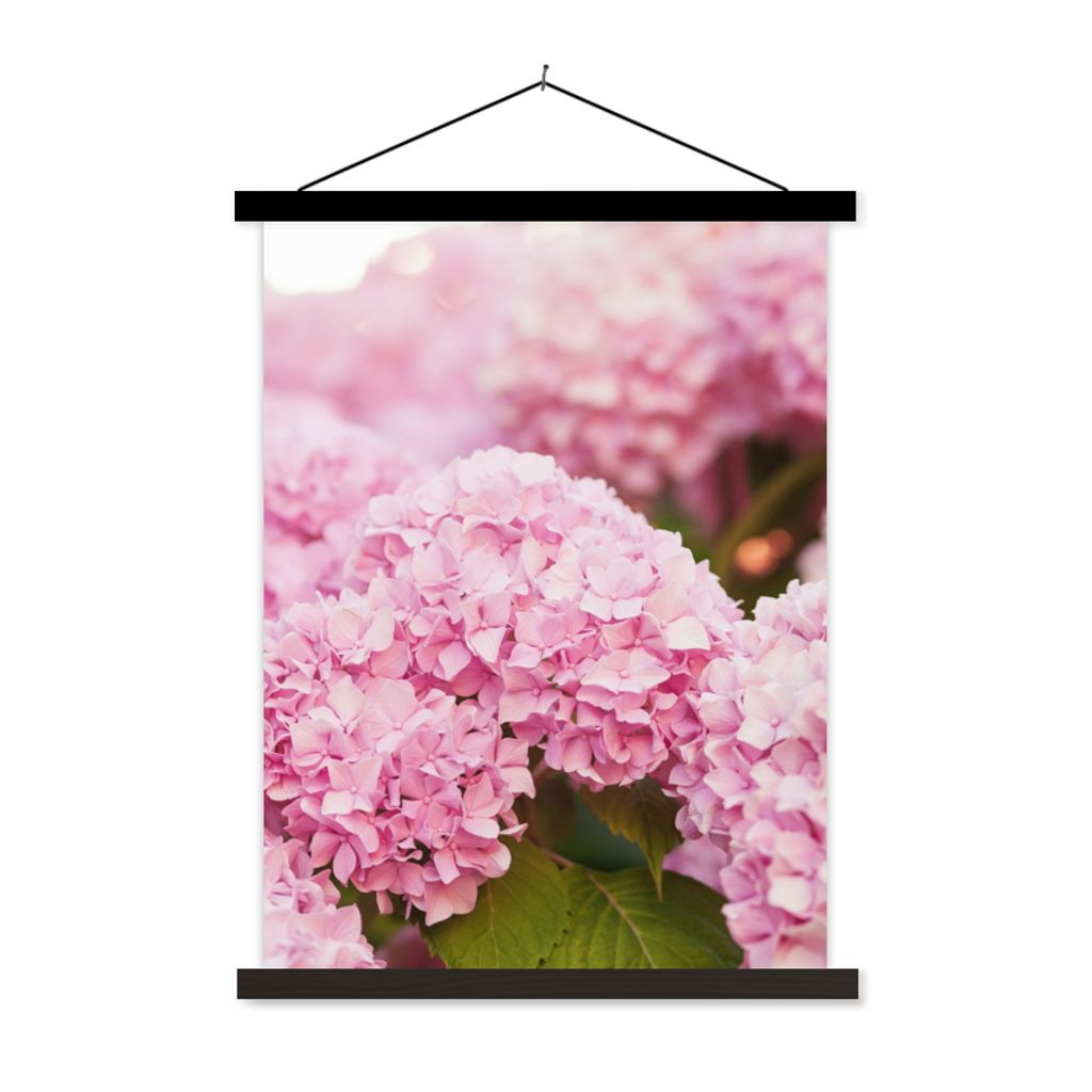 MuchoWow Textilposter Busch - Blumen - Rosa - Hortensie 90x120 cm mit schwarzem Rahmen - Dekoration