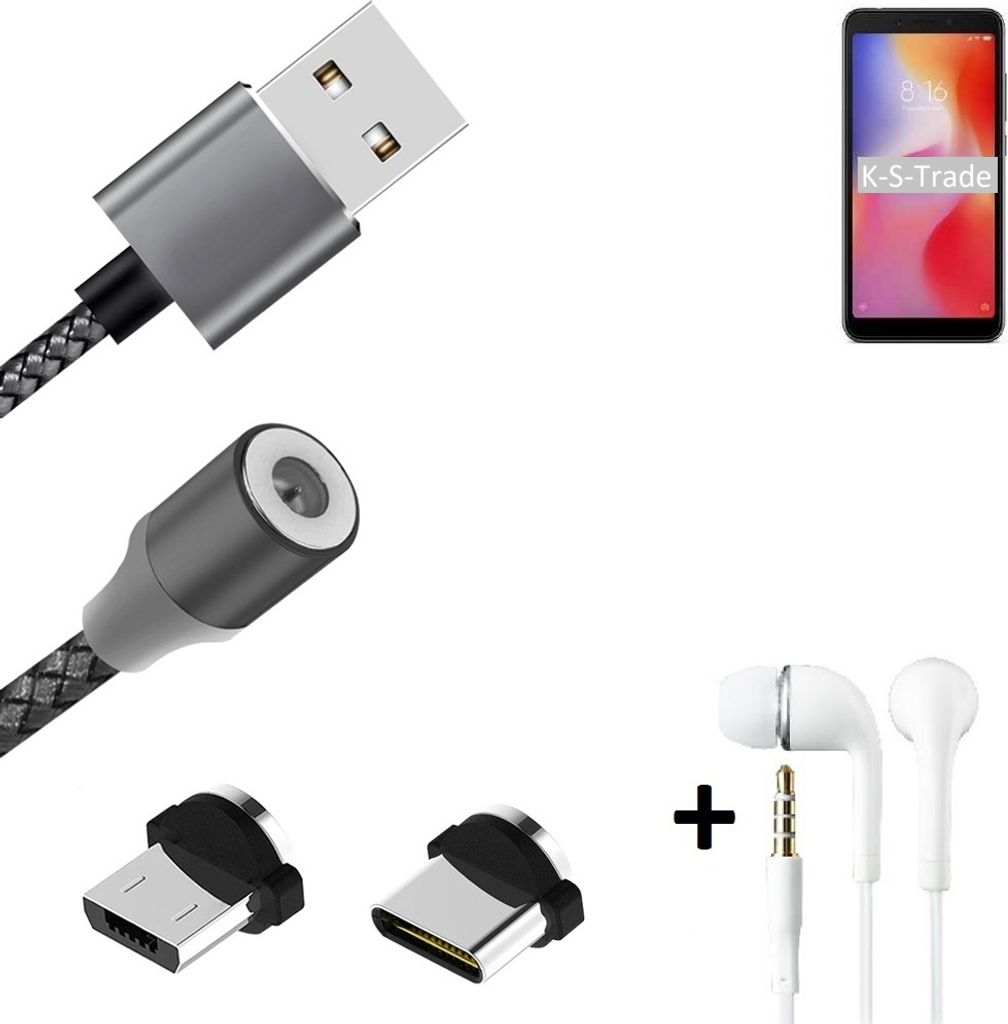 K-S-Trade Hochwertiges Magnet-Lade-kabel Sync-Kabel Daten-Kabel + Kopfhörer für Xiaomi Redmi 6a mit USB-Typ-C-Anschluss und Micro-USB-Anschluss 2A