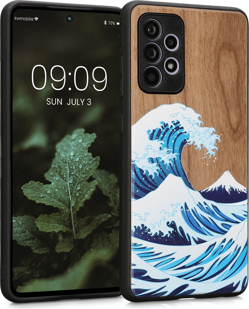 kwmobile Hülle kompatibel mit Samsung Galaxy A52 / A52 5G / A52s 5G Hülle - Holz Case - Handy Cover - TPU Handyhülle in Blau Weiß Braun Holz