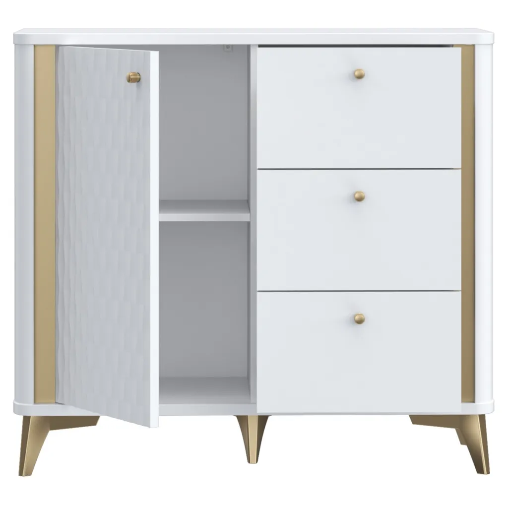 Commode de rangement blanche et dorée 3 tiroirs et porte 87cm haut - 4