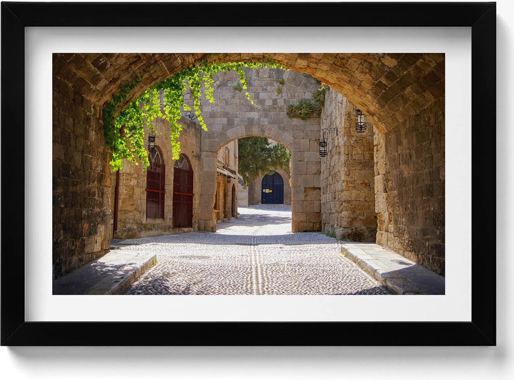 Mittelalterliche Straße auf Rhodos Griechenland– Wandbild mit Rahmen – Gerahmtes Bild – Wanddekoration – 30x20 cm – Schwarz Rahmen