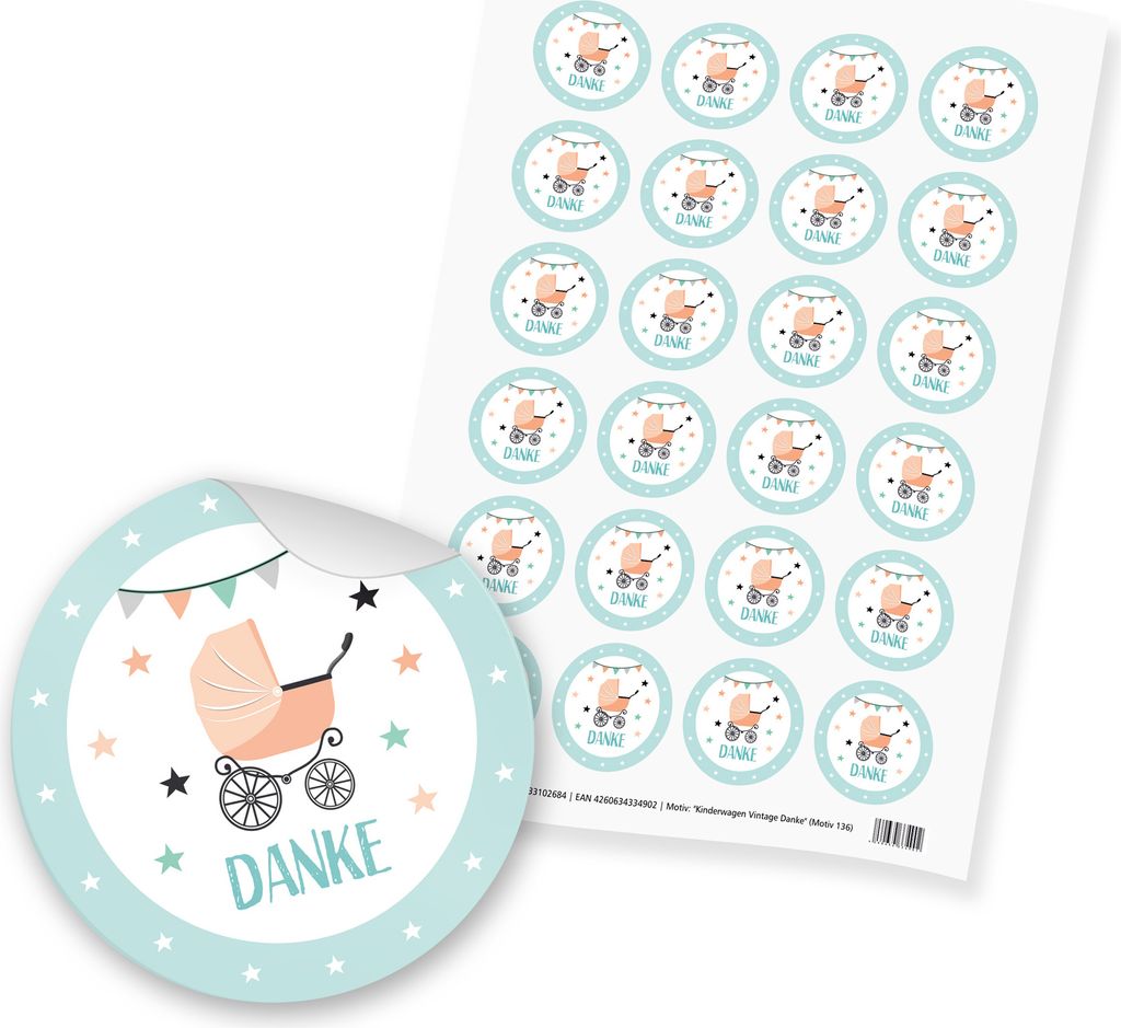 itenga 24x Sticker "Danke / Kinderwagen Vintage" (Motiv Produktbild 
