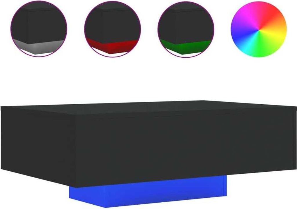 A 3D rendering of a black rectangular coffee table with a blue rectangular base, displayed alongside inset circular images showing color options.