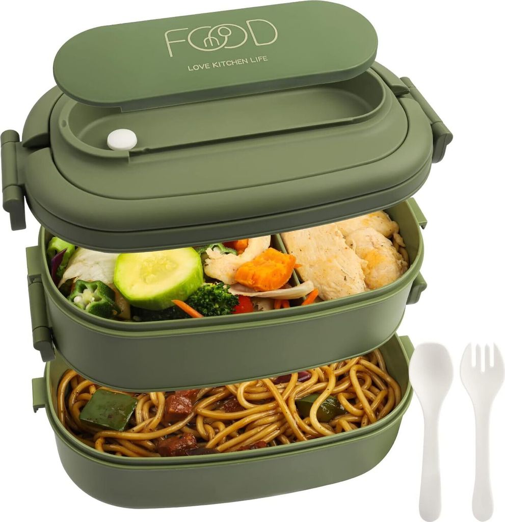 Lunchbox 2 Etagen - 1550ml Brotdose für Erwachsene - Lunch Box mit 3 Fächern und Besteck, BPA Frei, Mikrowellengeeignet, Spülmaschinenfest, 19 x...