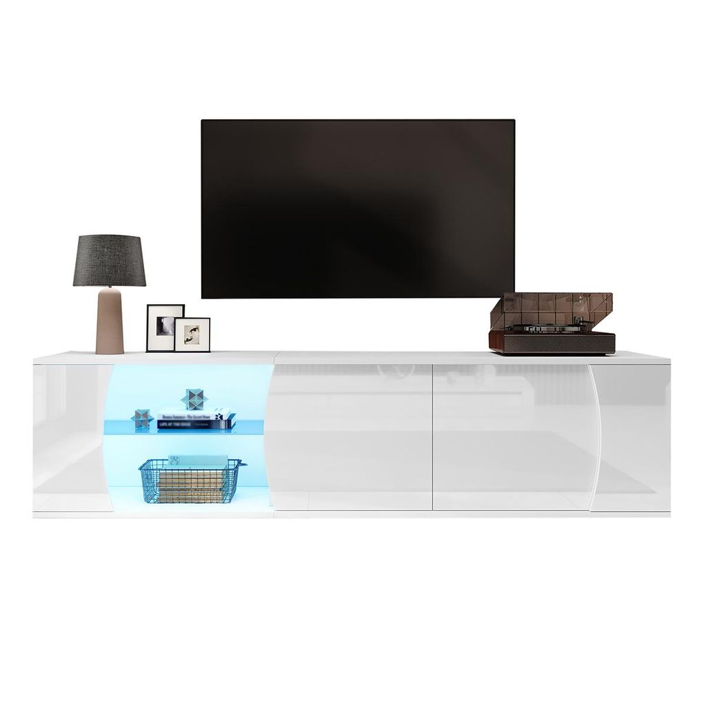 TV-Schrank mit LEDs und 3 Schranktüren TV-Tisch TV-Ständer für 80-Zoll-Fernseher 180*40*45cm Weiß