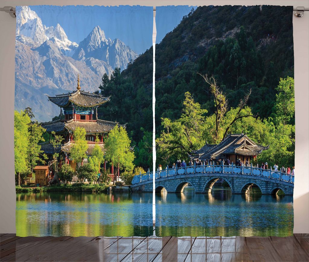 ABAKUHAUS Antikes China Rustikaler Gardine, Altstadt am Wasser, Schlafzimmer Kräuselband Vorhang mit Schlaufen und Haken, 280 x 225 cm, Mehrfarbig