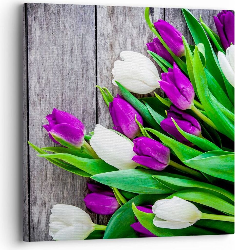 Bild auf Leinwand - Leinwandbild - Tulpen Holz Blumenstrauß Blumen - 40x40cm - Wand Bild - Wanddeko - Leinwanddruck - Bilder - Kunstdruck - Wandde...