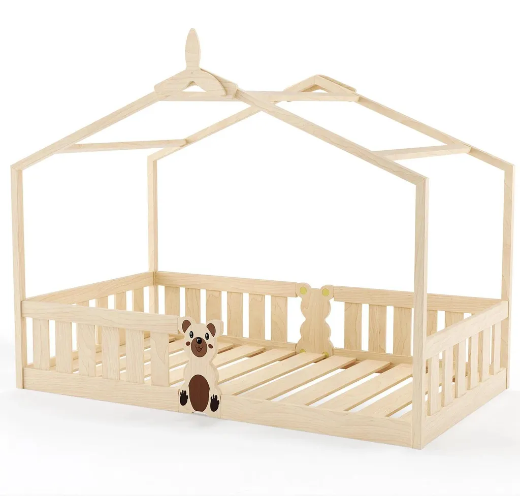 Lit cabane Montessori 90x200 cm en bois jaune avec sommier à lattes