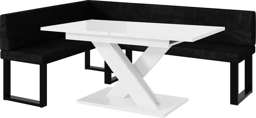 MEBLINI Eckbank für Esszimmer mit ausziehbarem Tisch - Küchenbank - Essecke - Sitzecke Küche - PETER - U-Beine 142x196x87cm Links - Schwarz Samt...