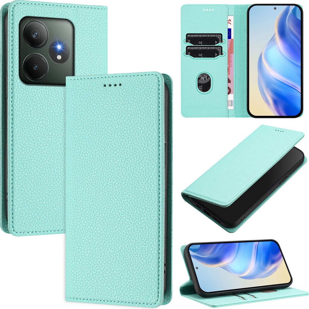 Litchi Leder Handyhülle für Realme GT 6/Realme GT 6T Wallet Kartenfächer Standfunktion Hülle Türkis