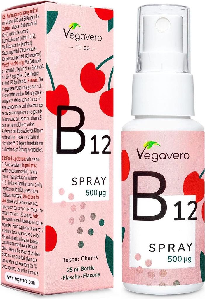 Vegavero Vitamin B12 Spray | 25 ml | 500 μg Methylcobalamin pro Sprühstoß | Kirschgeschmack | ohne Zucker | vegan