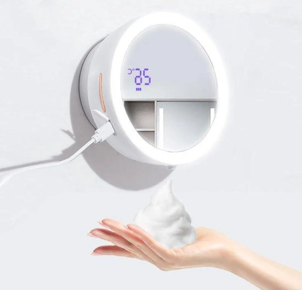 Distributeur de savon à capteur avec thermomètre et miroir LED intégré