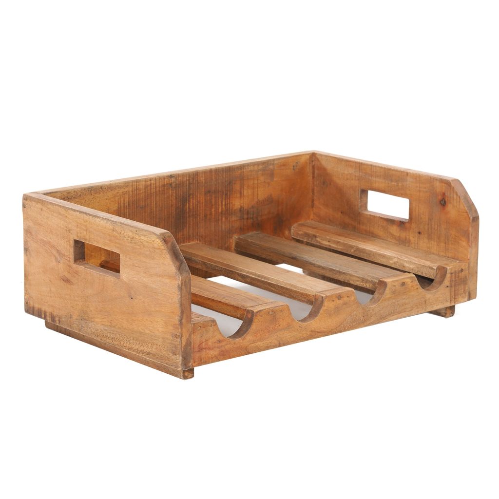 A wooden wine rack with four slots for bottles, shown from a slightly elevated side angle against a white background.