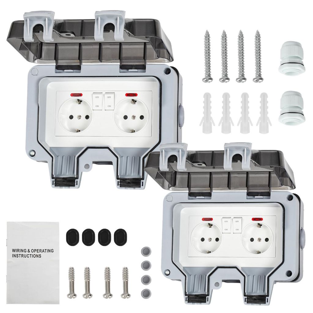 Ikodm 2X Außensteckdose Gartensteckdose Outdoor Steckdose IP66 16A Wasserdicht Staubdicht Wandsteckdose 2 Loch mit Schalter