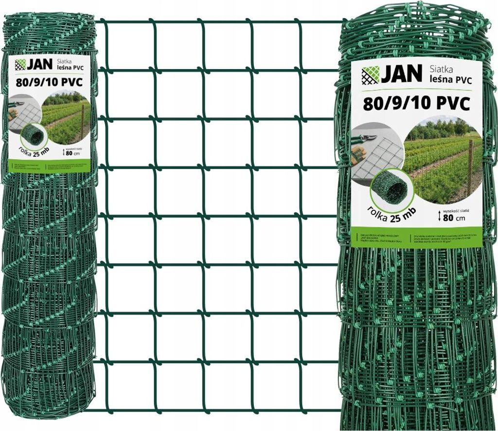 Forstzaun - 80/9/10 – 80 cm Höhe – 25 m Rolle – Grün – Verzinkt + PVC Beschichtet – Knotengeflecht Wildzaun 10 x 10 cm – 80 g/m²