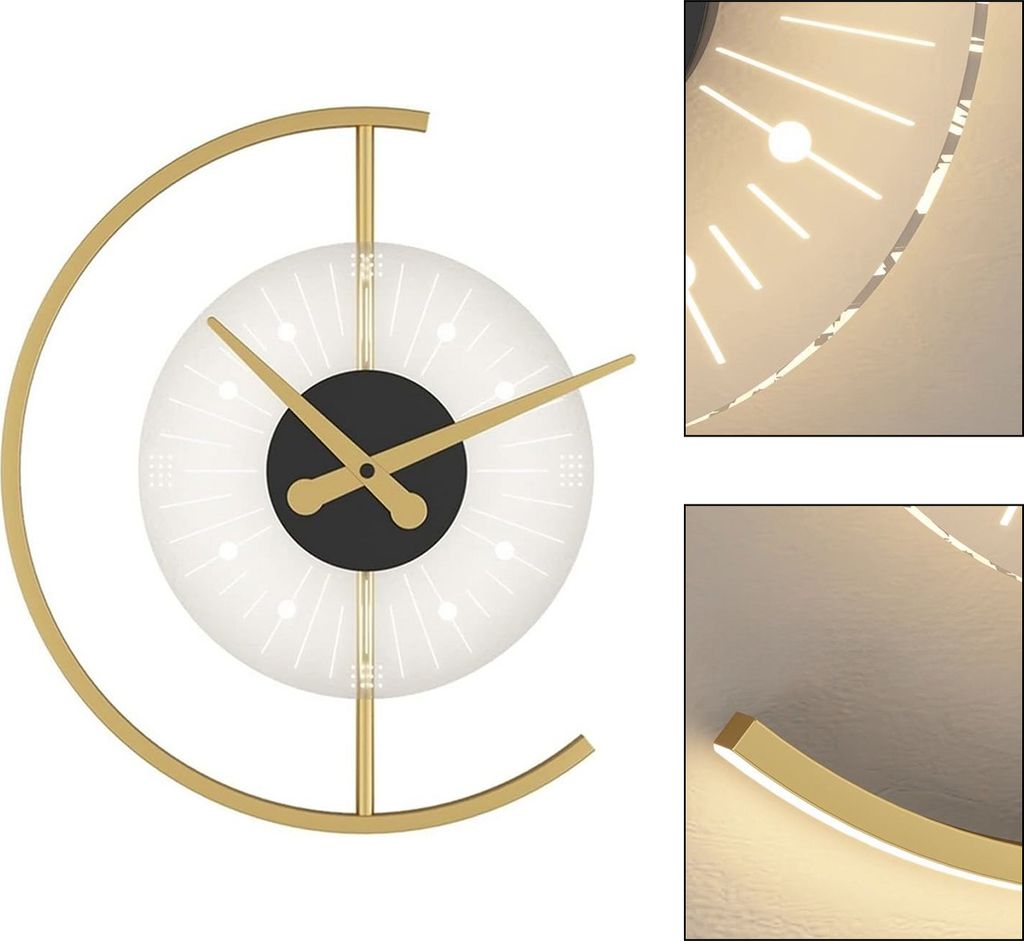 A modern wall clock with a gold frame and a white face with radiating light effects.