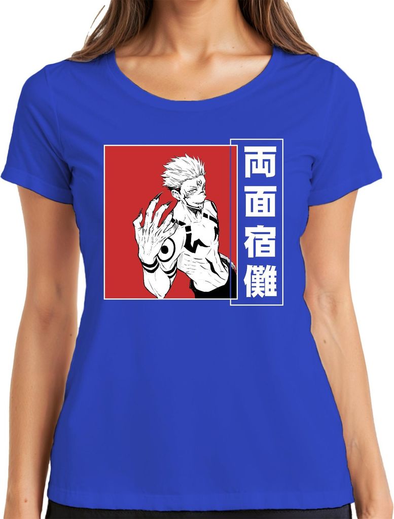 Ryomen Sukuna Jujutsu Kaisen Dämon Manga Anime Ästhetik düster rot Damen T-Shirt, Blau, XL