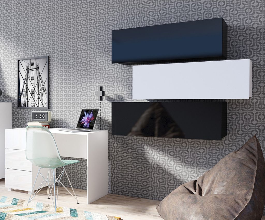 Büro Möbel Kombination in weiß Hochglanz und schwarz Hochglanz CAIRNS-132, B/H/T ca. 245/200/50 cm