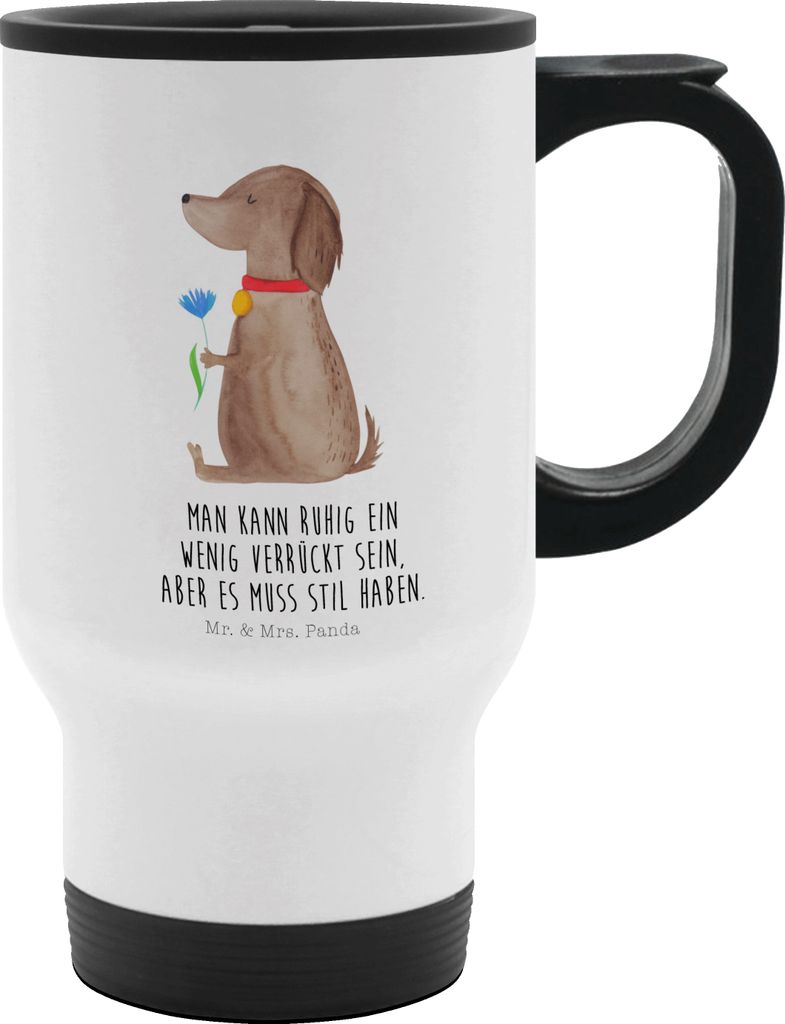 Mr. & Mrs. Panda Thermobecher Hund Blume - Weiß - Geschenk, Haha, Süß, Verrückt, Hundebesitzer, Isolierbecher Edelstahl, kaffeebecher mit decke...
