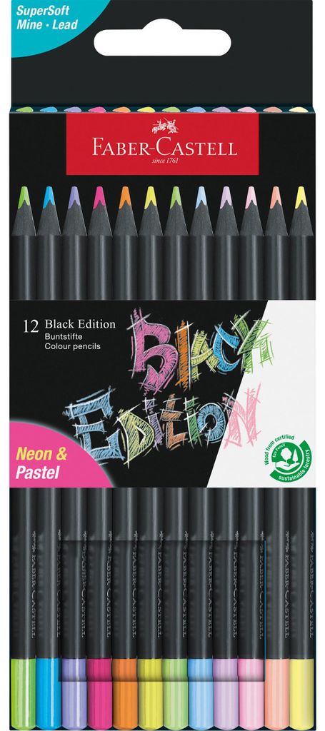 Faber-Castell 116410 Black Edition Buntstifte Neon & Pastell 12er Box, Lebendige Buntstifte, Bruchsichere Kunststifte mit ergonomischem Griff, Mals...