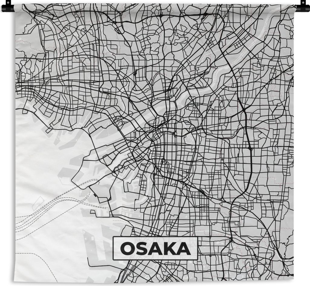 MuchoWow Wandteppich Wandbehang Osaka - Stadtplan - Schwarz und weiß - Karte 120x120 cm Tapisserie Dekoration Wandtuch - Modern - Baumwollgewebe