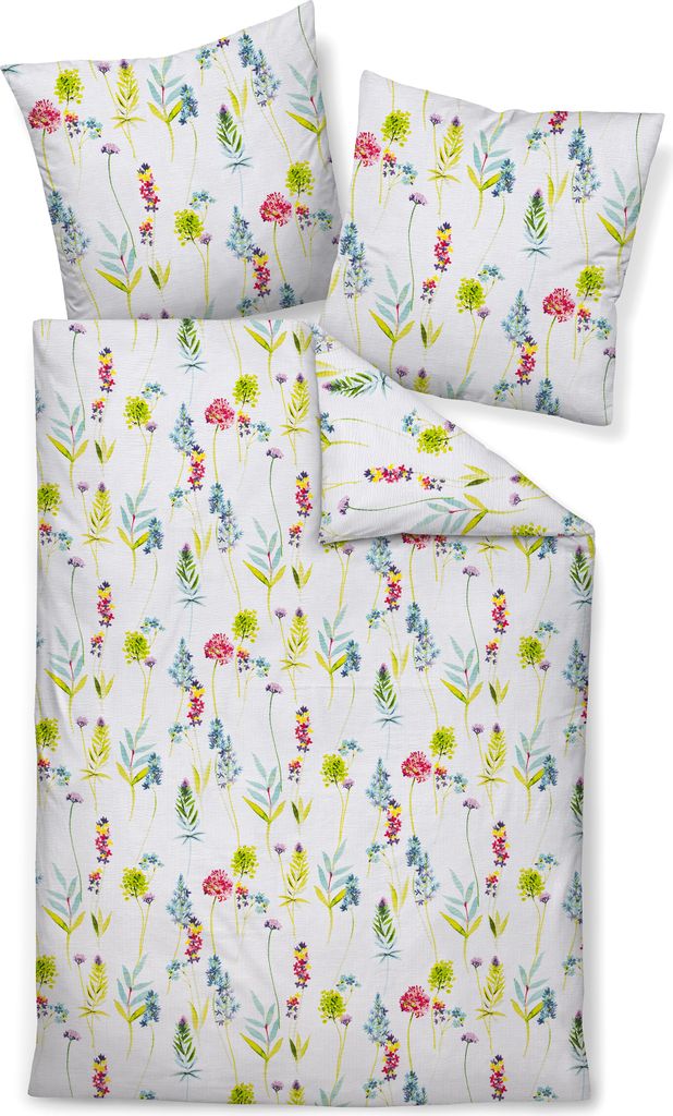 Janine Soft-Seersucker Sommer Bettwäsche - floral - bunt 155 x 220 cm florales Design mit kräftigen Farben, weißer Hintergrund