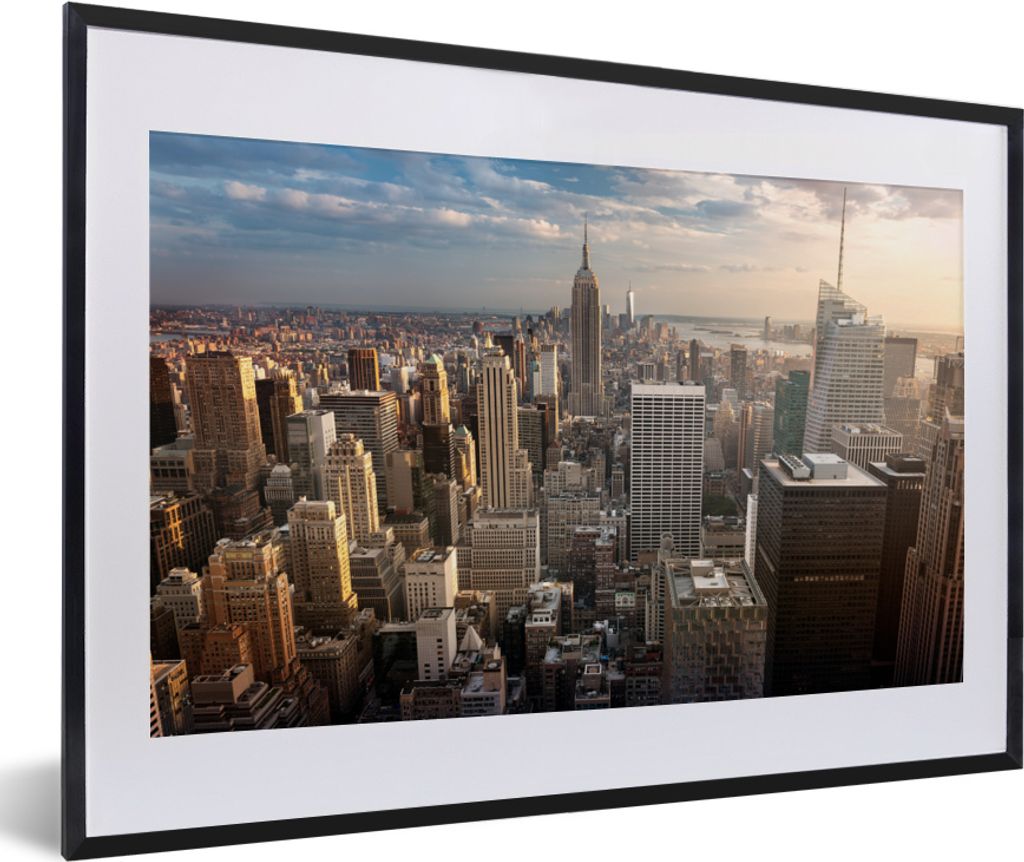 MuchoWow MuchoWow Gerahmtes Poster New York - Sonne - Wolken 60x40 cm - Poster mit zchwarzem Bilderrahmen - Schlafzimmer - Plakat in Rahmen - D...