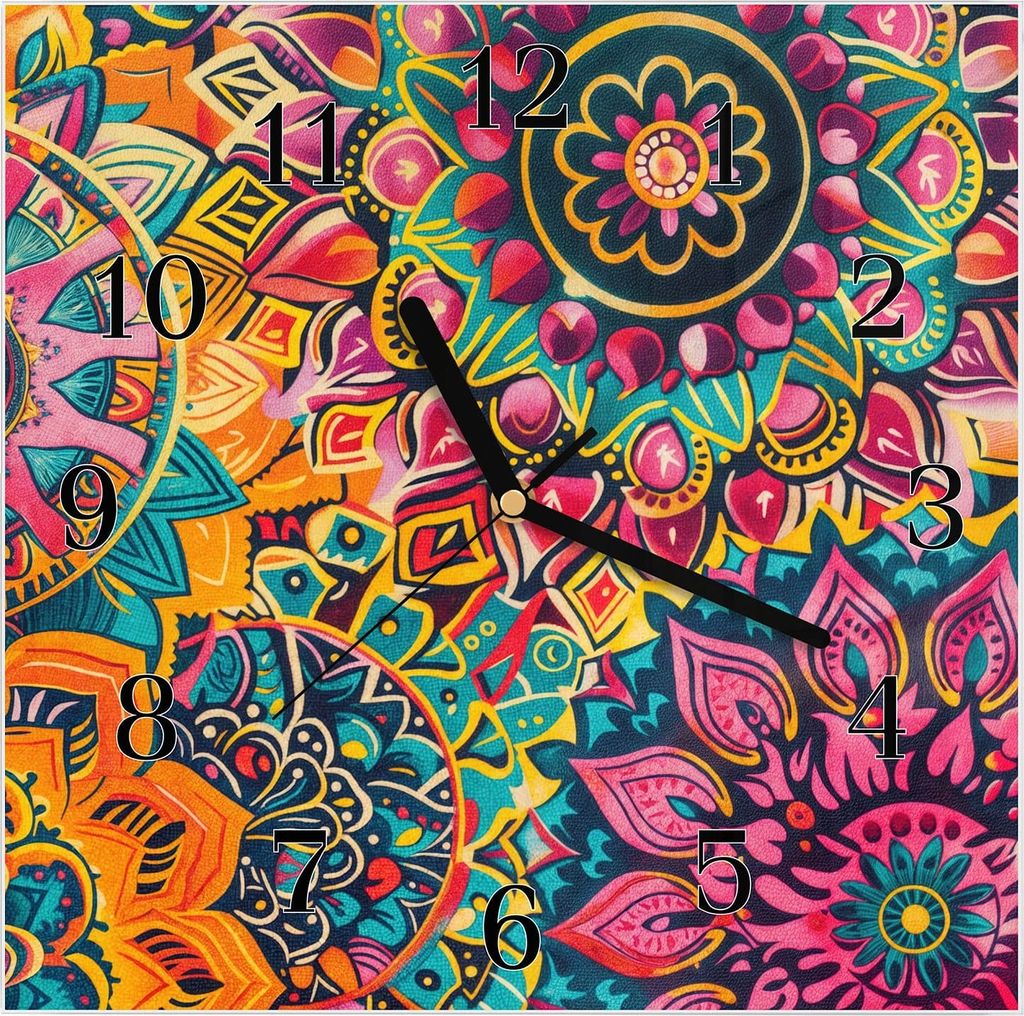 Wanduhr aus Glas mit Motiv Mandala Design- 30 x 30 cm - inkl. Aufhängesystem