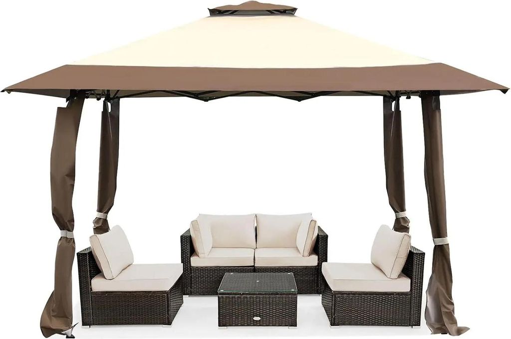 Gartenpavillon - 4 x 4 m - Doppeldach - Wasserdicht - Winterfest - UV-Schutz 50+ - Oxford-Gewebe - Faltbar - Braun