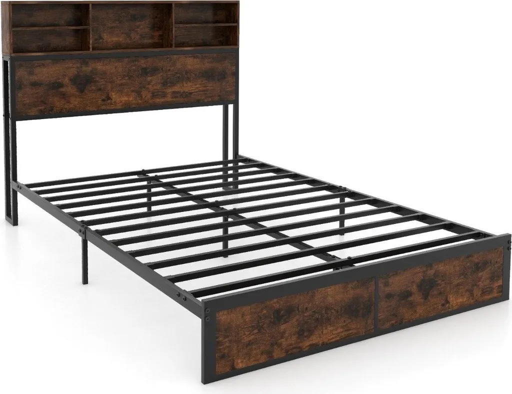 Lit double complet avec sommier à lattes et tête de lit de rangement