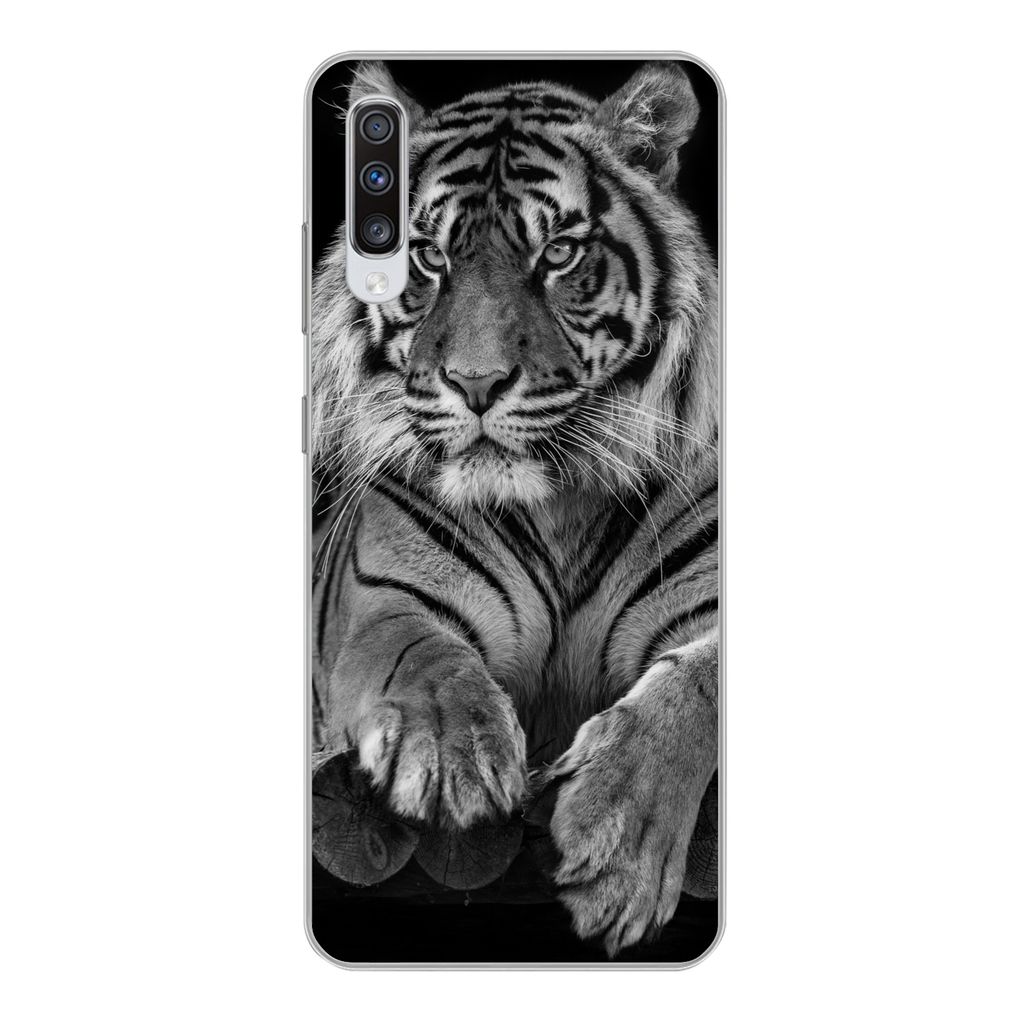 MuchoWow Handyhülle Schutzhülle Hülle für Samsung Galaxy A70 Sumatra-Tiger auf schwarzem Hintergrund Silikon Softcase Handy Hülle - Schutzhaube