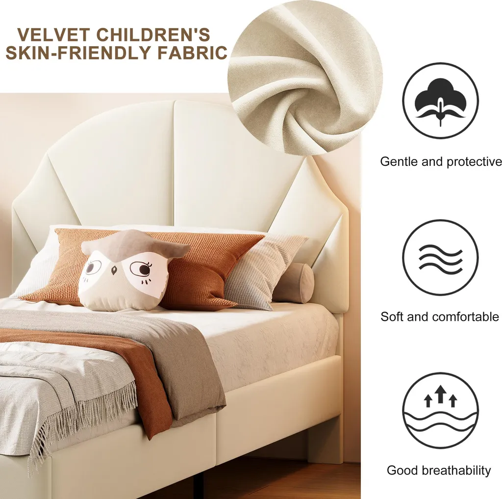 Lit simple velours beige 90x190 tête de lit haute - UnboxG confort