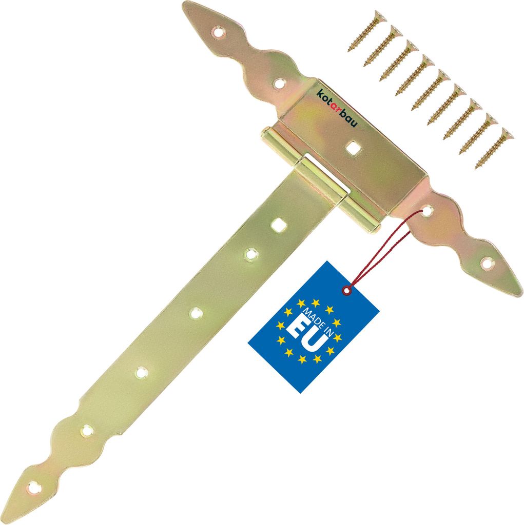 KOTARBAU T Scharniere gold L: 300 mm Kreuzgehänge verzinkt Stahl Gartentor Scharnier Türband Holztür Ladenband Torscharniere Schwerlast Türb...