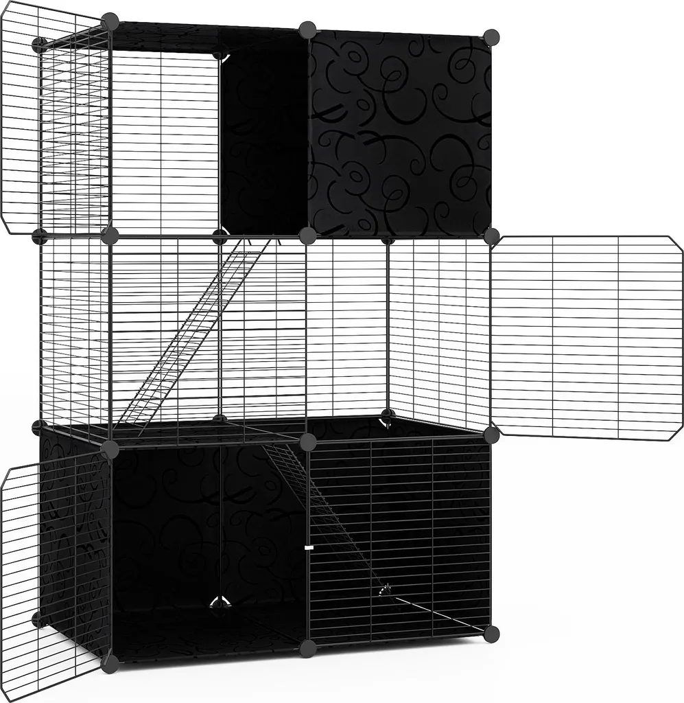 Grand enclos intérieur pour chats avec aire de jeu amovible et 2 rampes Noir