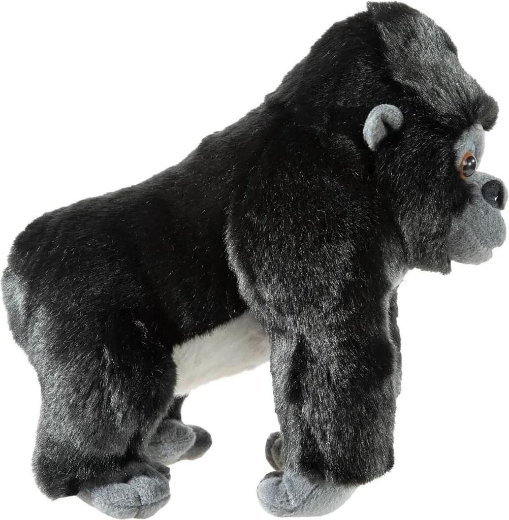 A plush toy gorilla is shown from the side against a white background.
