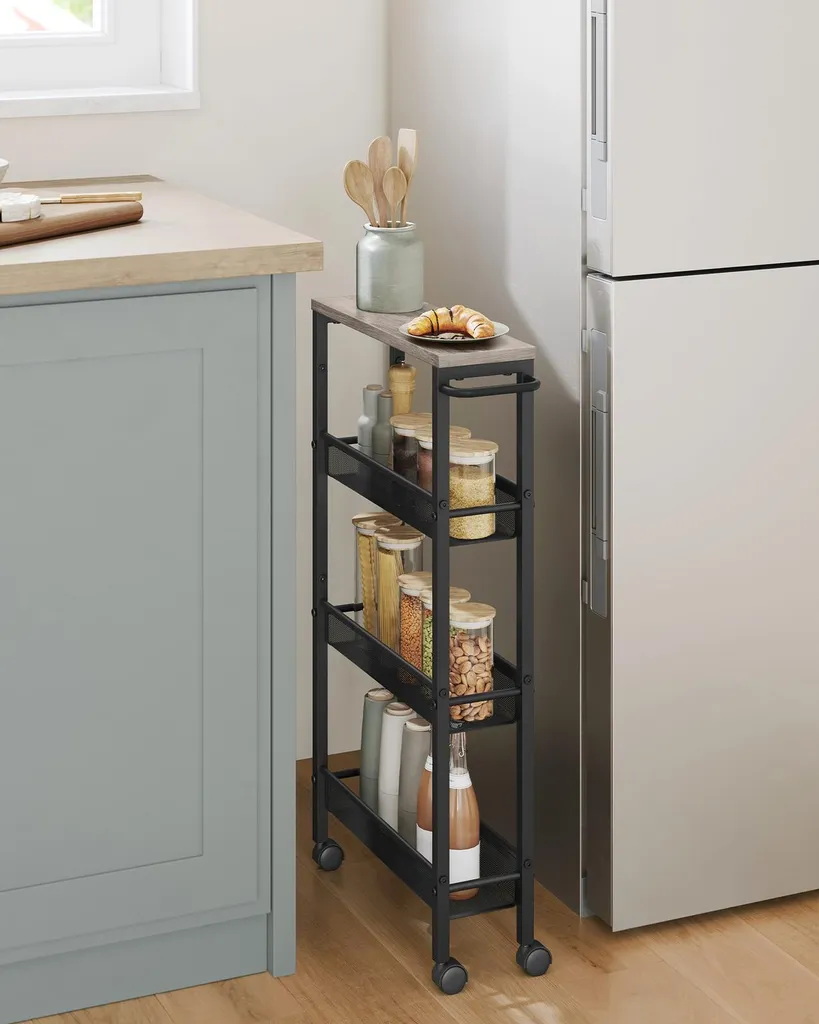 Carrello di servizio a 4 ripiani con maniglia, grigio-beige maculato-nero