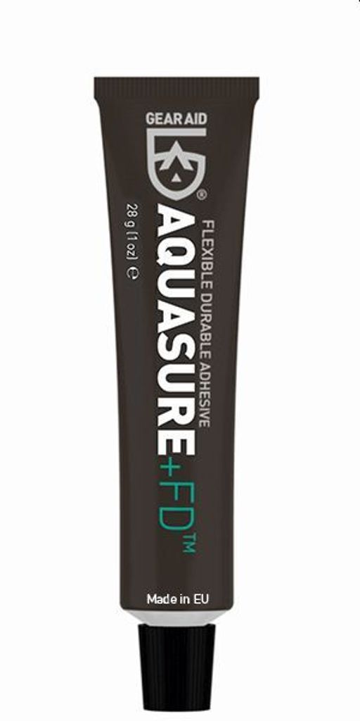 A tube of Gear Aid Aquasure+FD adhesive on a white background.