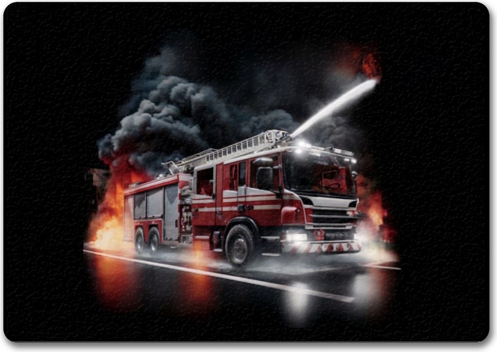 Feuerwehrauto kämpft gegen Flammen Fußmatte in 35x50 cm ohne Rand