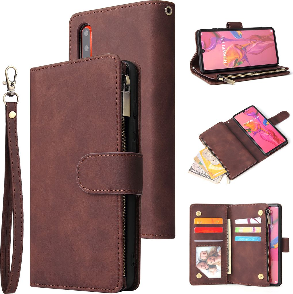 Für HUAWEI P30 lite pro Multi-Karten-Halterung Münze Geldbörse Reißverschluss Handy Kunstleder Case 3 braun