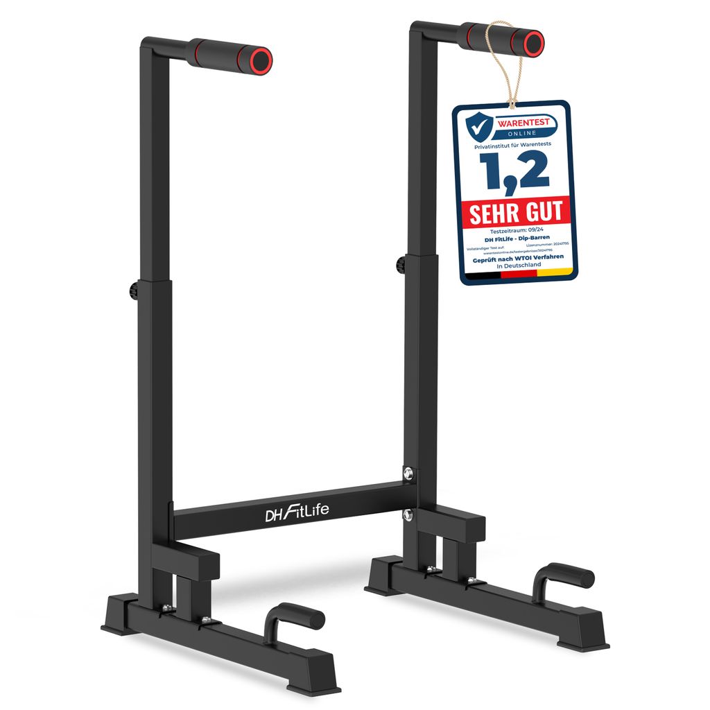 DH FitLife Dip Barren Dipständer 9-fach verstellbar (100-130cm) - Kraftstation für Zuhause, Calisthenics & Krafttraining Parallettes