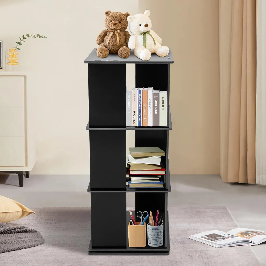 Bibliothèque pivotante à 360° noire - Étagère rotative à 3 niveaux - 10