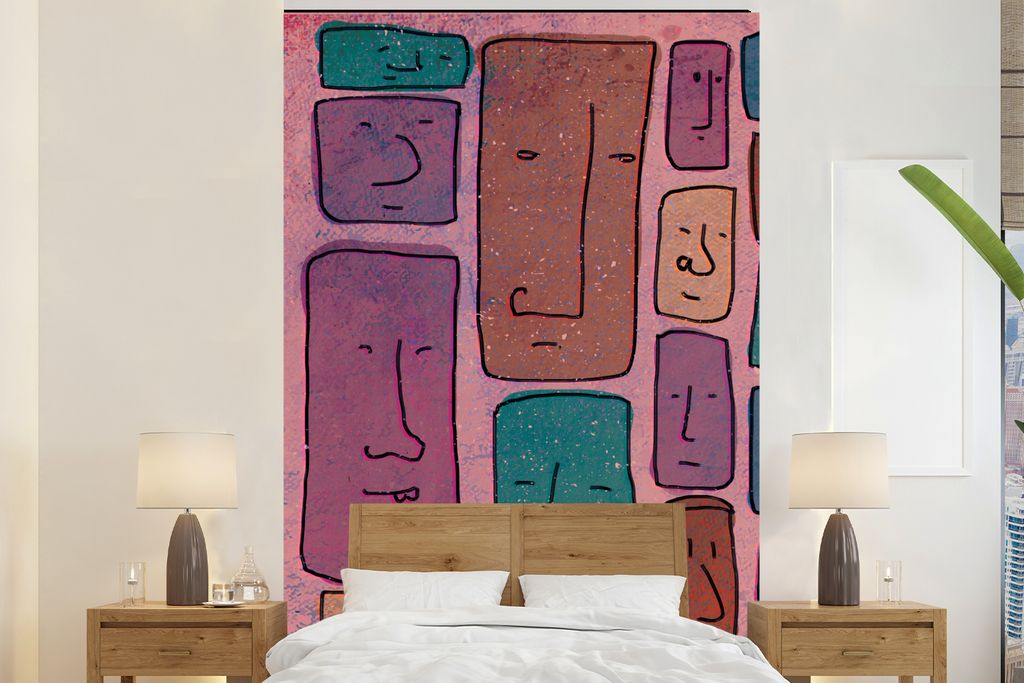MuchoWow Fototapete für Wohnzimmer oder Schlafzimmer Wandtapete Vinyl Motivtapete Vintage - Gesicht - Abstrakt - Kunst - Muster - 155x240 cm - T...