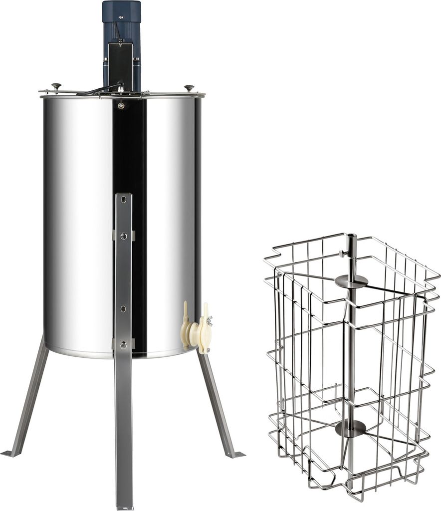A stainless steel electric honey extractor with a motor on top, and a separate wire basket.