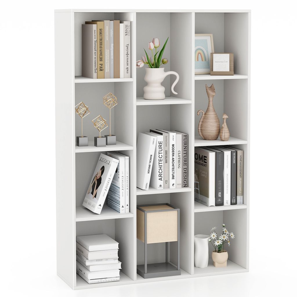 GOPLUS Bücherregal mit 11 Fächern, Würfelregal Weiß, Raumteiler Regal Bücherschrank Aufbewahrungsregal Wandregal für Wohnzimmer, Büro & Kind...